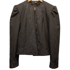 Vintage Escada Gray Wool Flannel Jacket Embroidery Detail Open Front Size 8/38